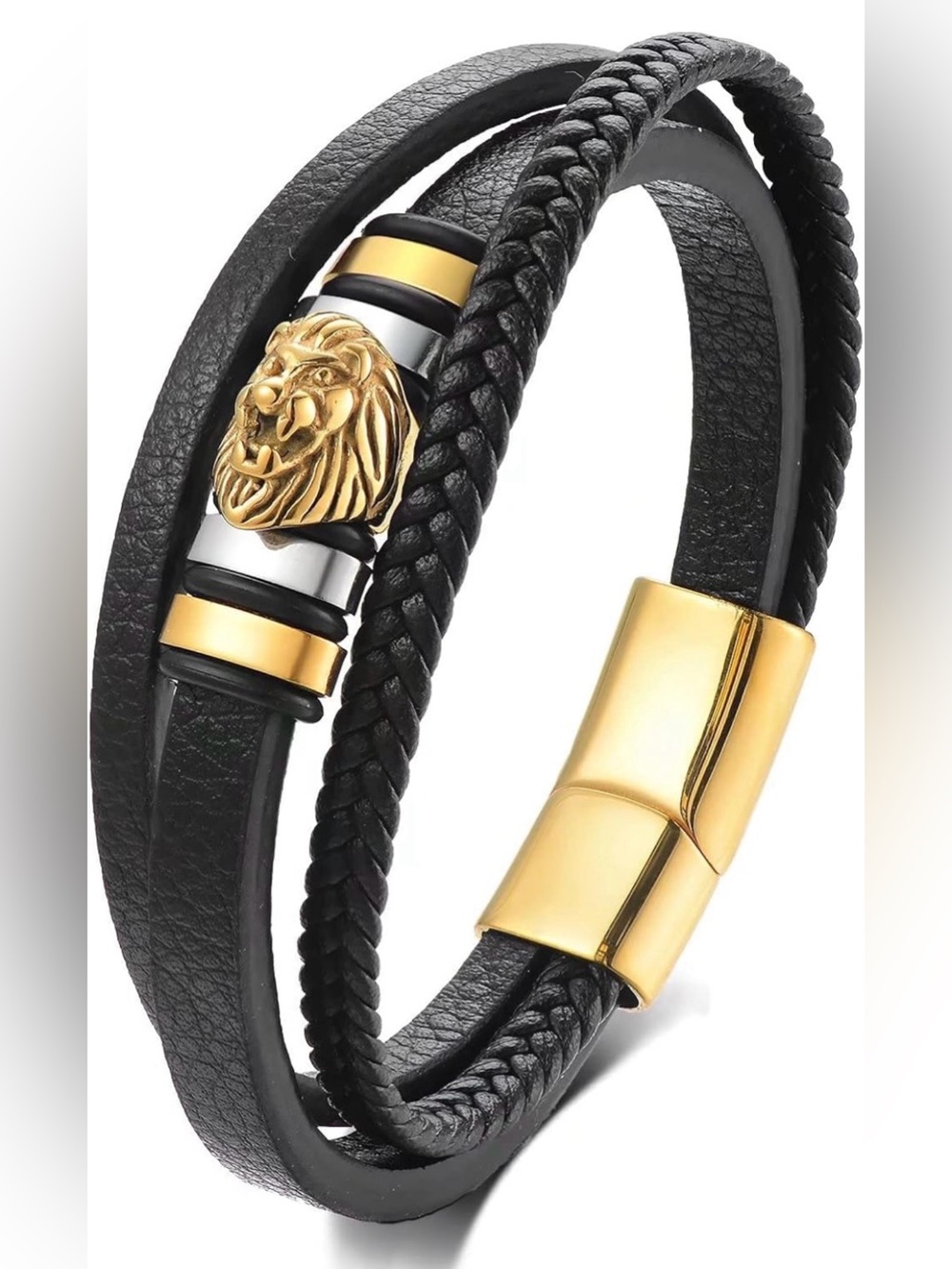 Gold Lion Accent Black Leather Men's Bracelet